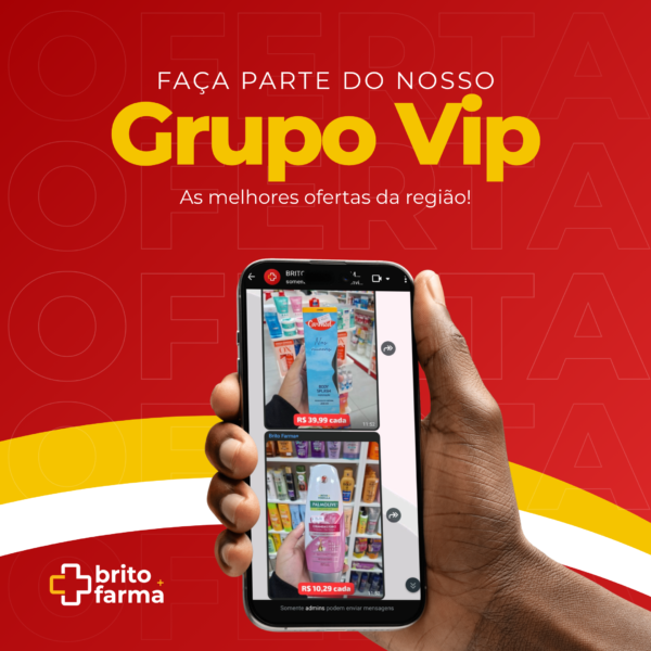 Banner do Grupo VIP de ofertas e descontos em medicamentos e perfumaria da Brito Farma Mais